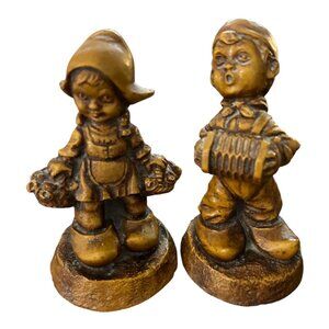 Charming Vintage Dutch Boy & Girl Figurines – Bronze-Tone Resin – 1970s Folk Art